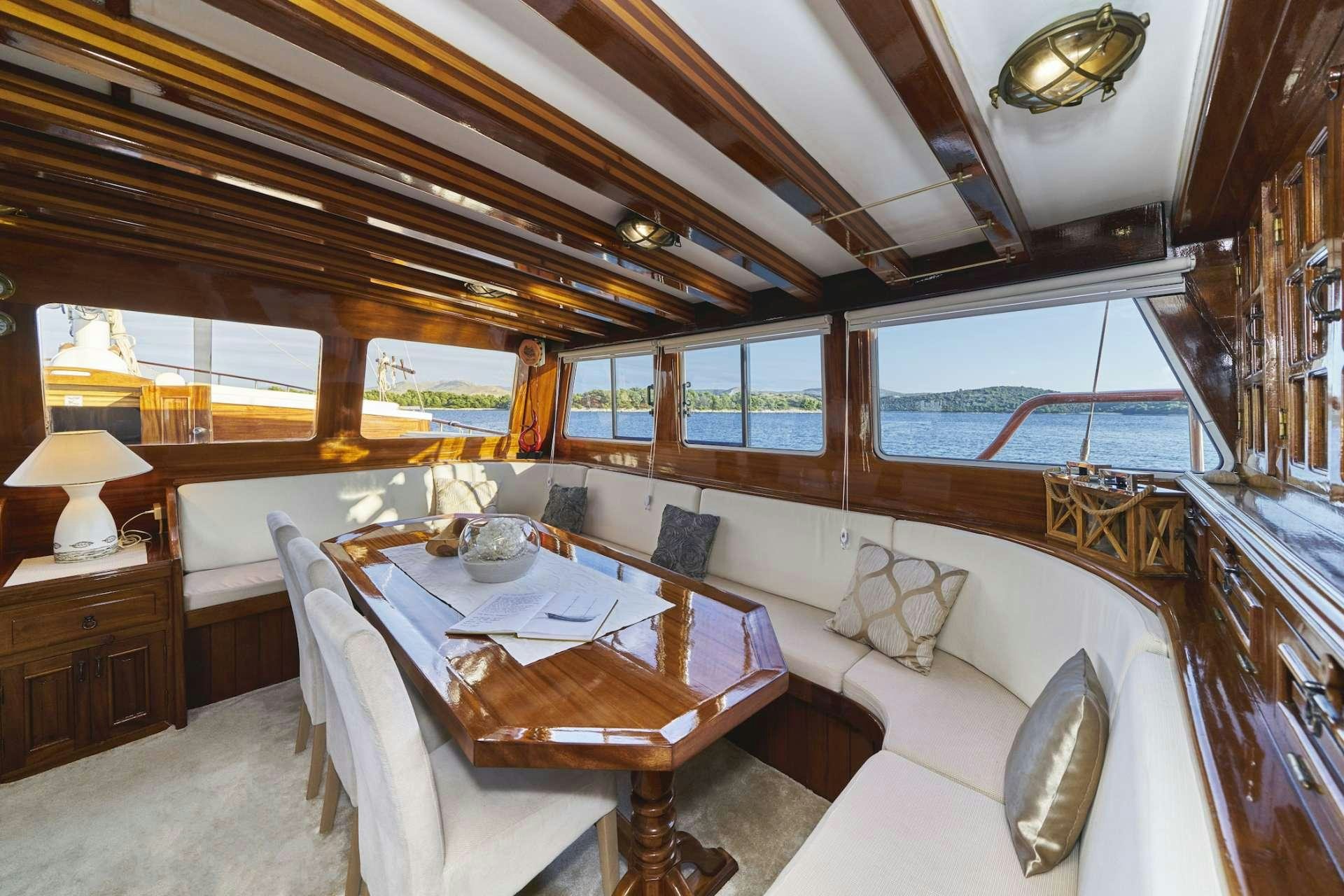 a large living room with a large window aboard PERLA Yacht for Charter