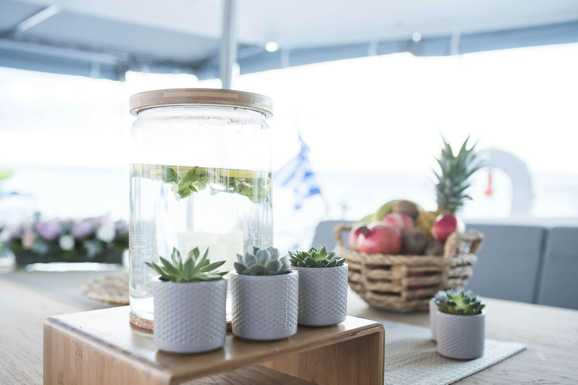 a glass jar with a plant in it aboard Sea Energy V Yacht for Charter