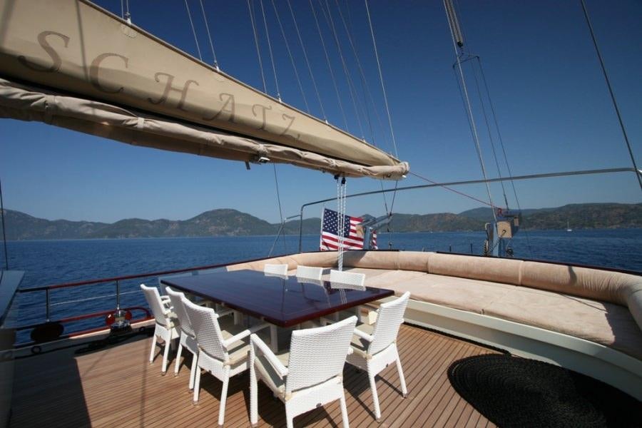 a deck with chairs and a flag on it aboard MEIN SCHATZ Yacht for Charter