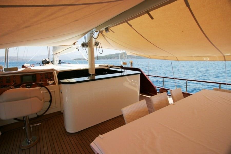 a boat with a table and chairs aboard MEIN SCHATZ Yacht for Charter