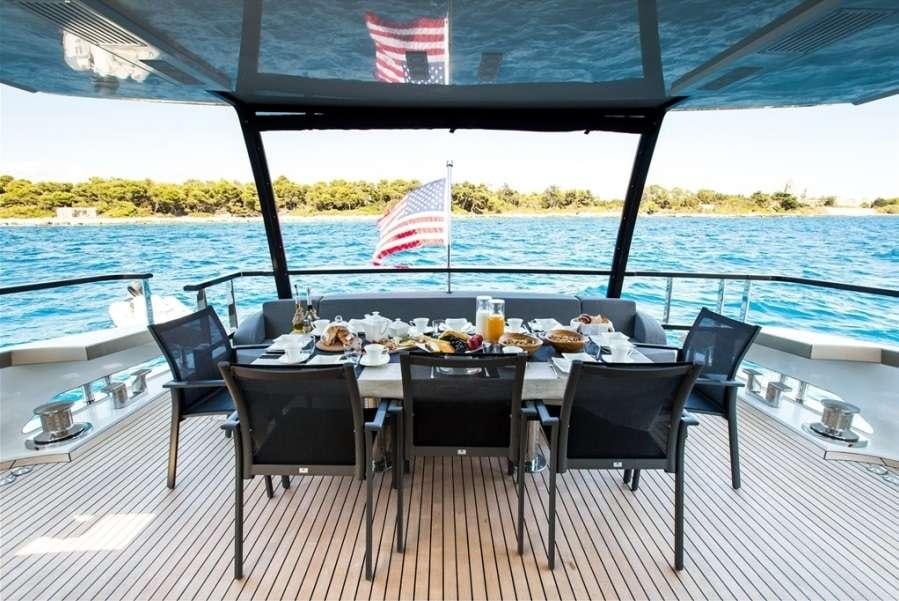 a table with food on it aboard KEROS ISLAND Yacht for Charter