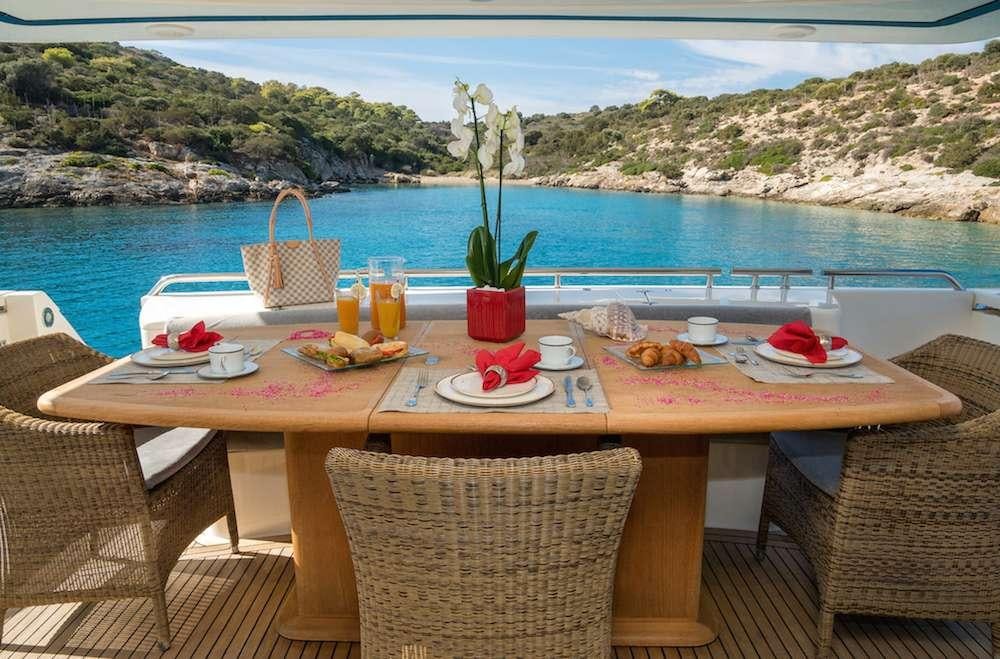 a table with food on it aboard AMOR Yacht for Charter