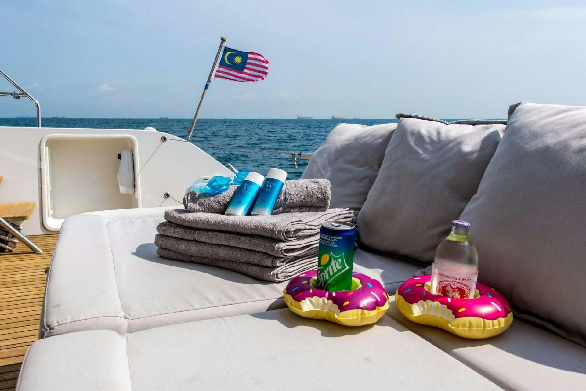 a table with a flag and a bottle of water on it aboard PRIMETIME Yacht for Charter