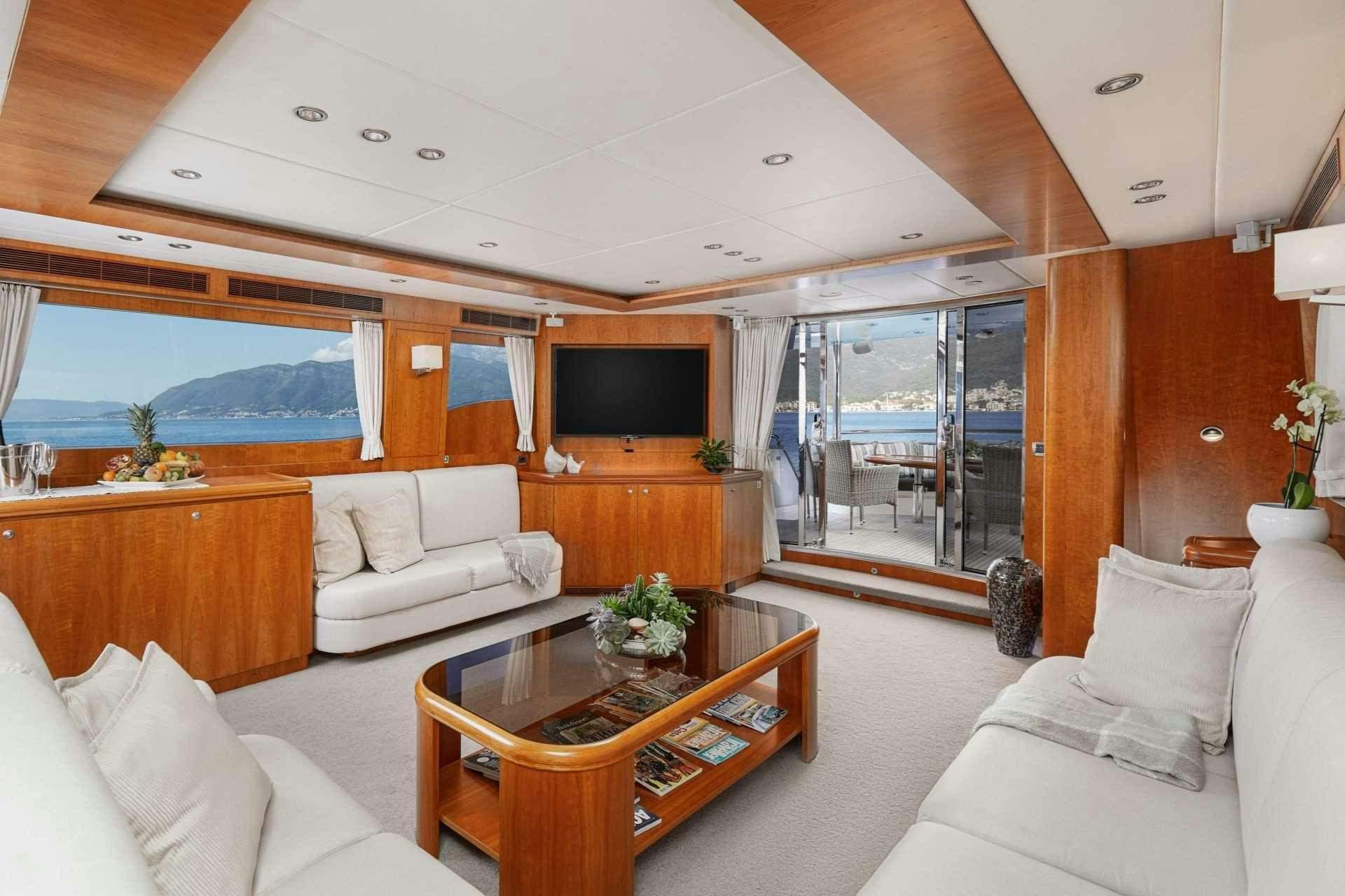 a living room with a large window aboard ANNABEL II Yacht for Charter