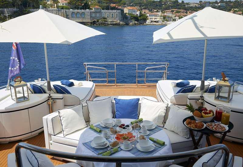 a table with food on it next to a body of water aboard 7 KNOTS Yacht for Charter