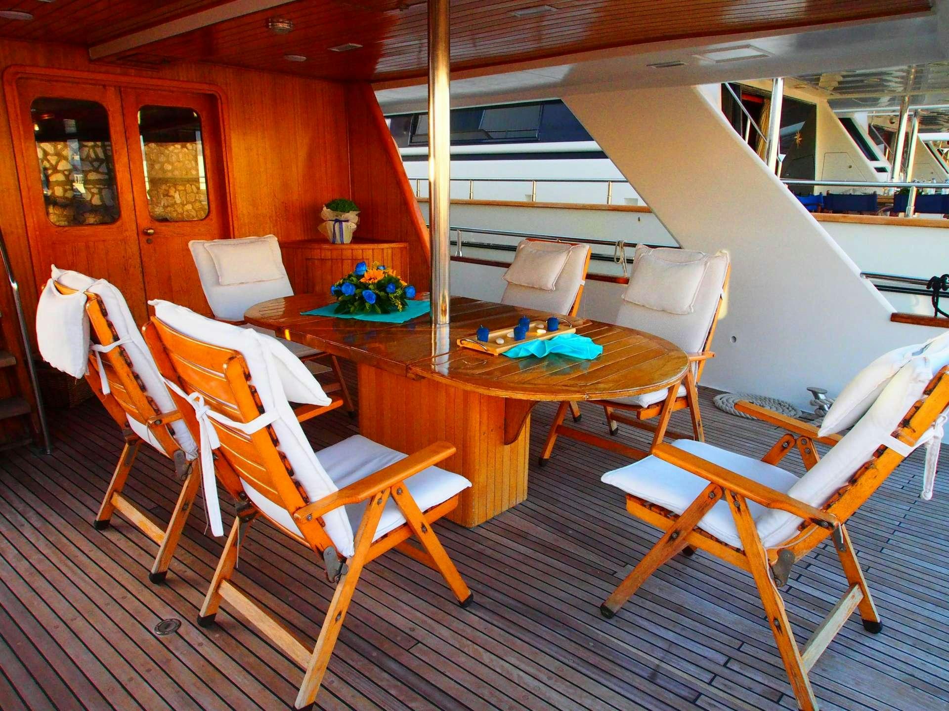 a room with a table and chairs aboard K Yacht for Charter