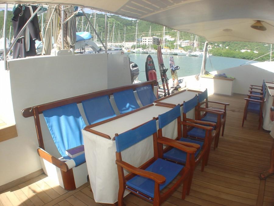 a boat with blue seats aboard CUAN LAW Yacht for Charter