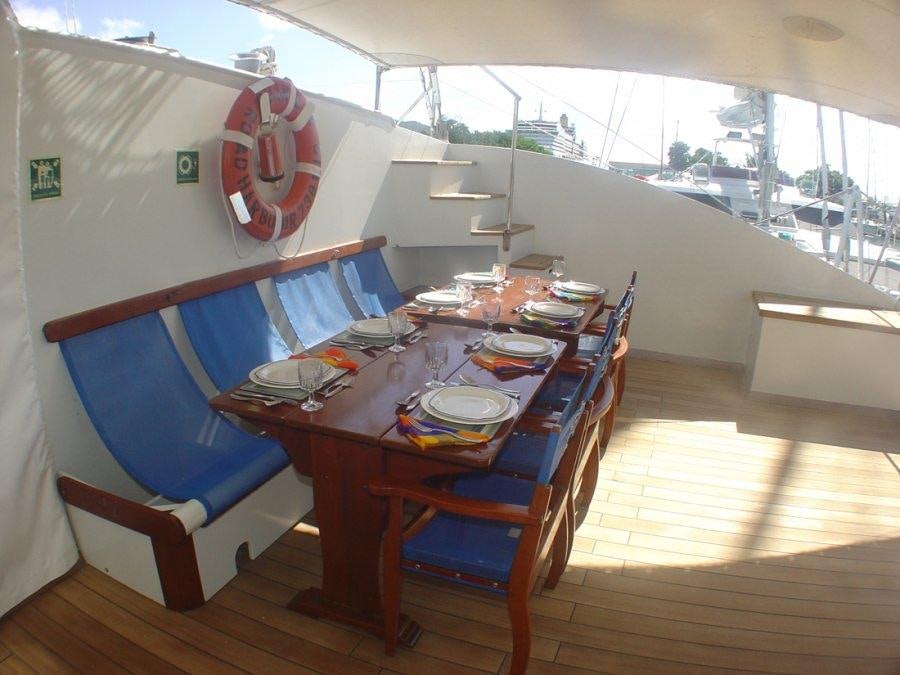 a table with plates and a flag on it aboard CUAN LAW Yacht for Charter