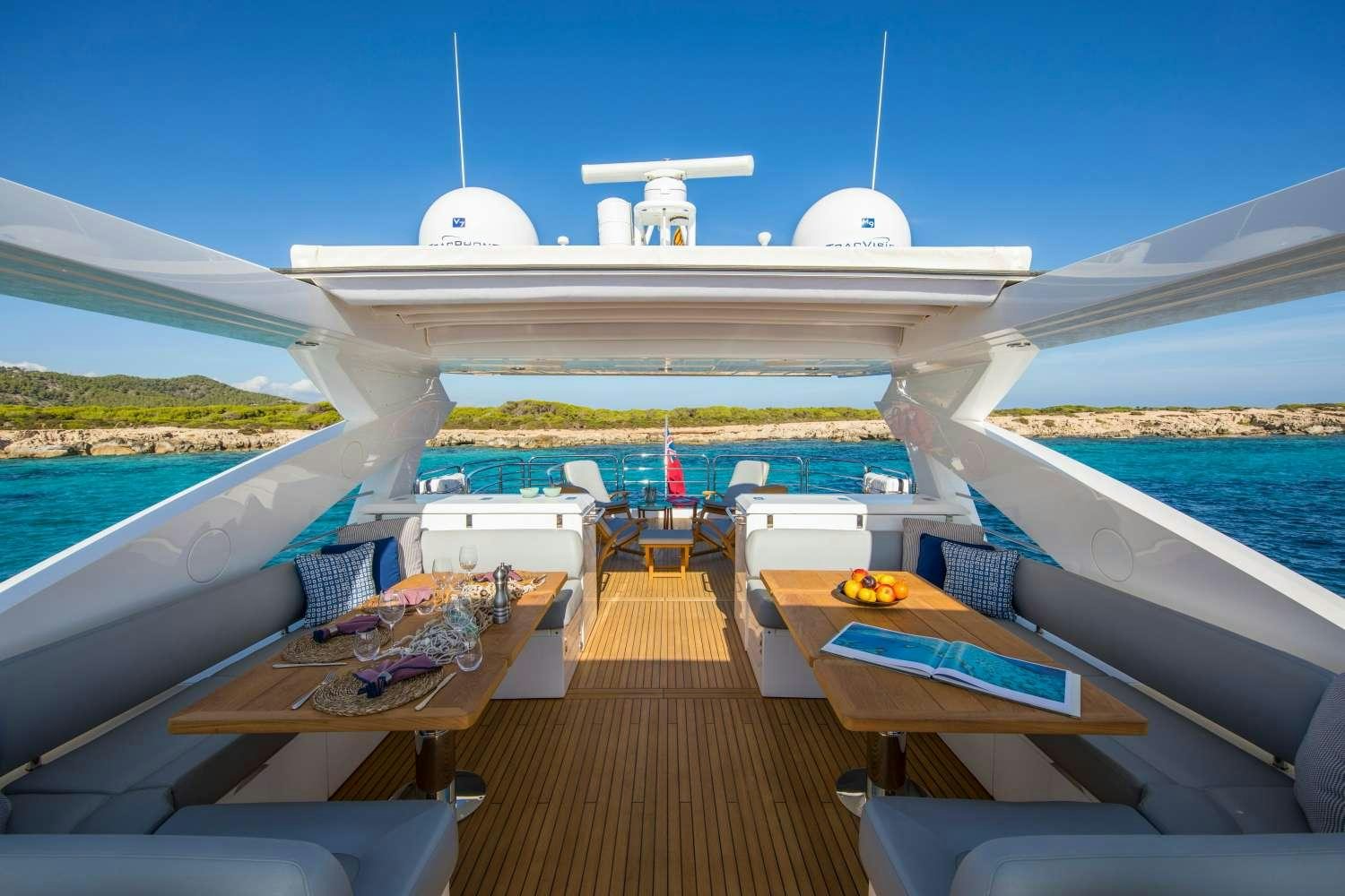 a deck with a boat and a plane on it aboard PLAY THE GAME Yacht for Charter