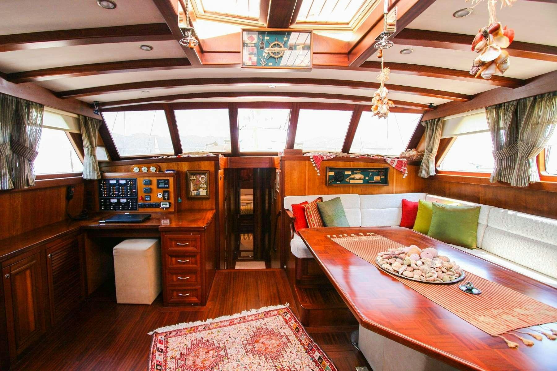 a room with a bed and a desk aboard LADY FREYA Yacht for Charter