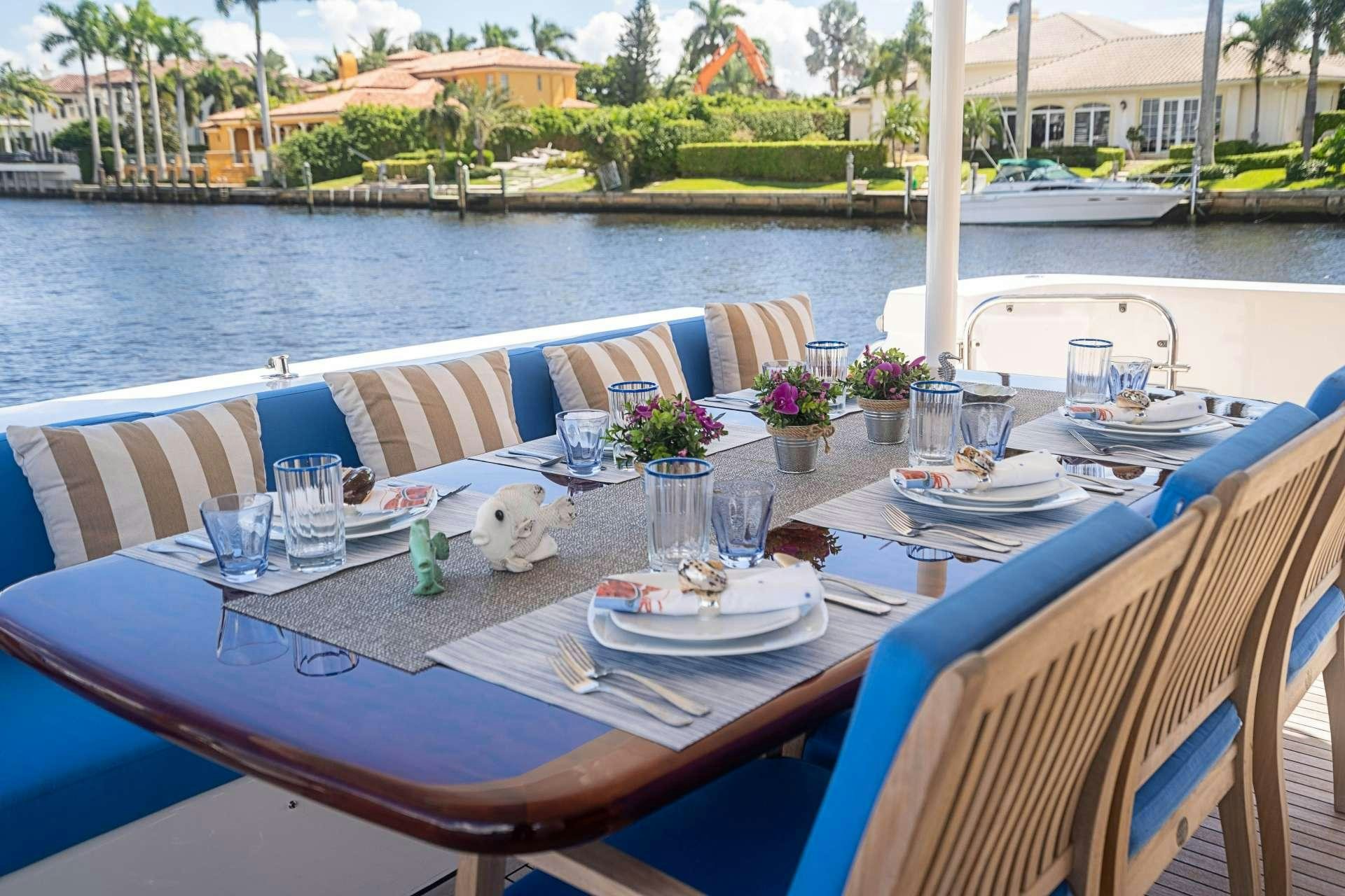 a table with a plate and a glass of water on it aboard TRUE NORTH Yacht for Charter