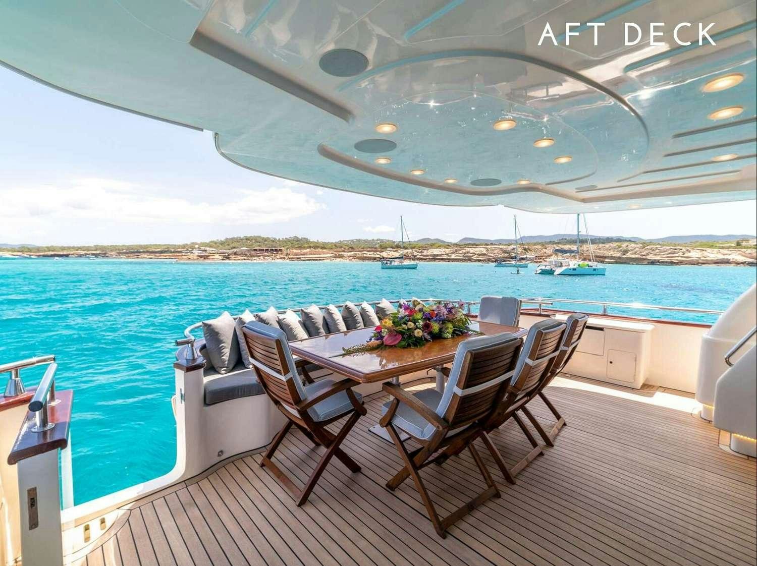 a table and chairs on a deck overlooking a body of water aboard B3 Yacht for Charter