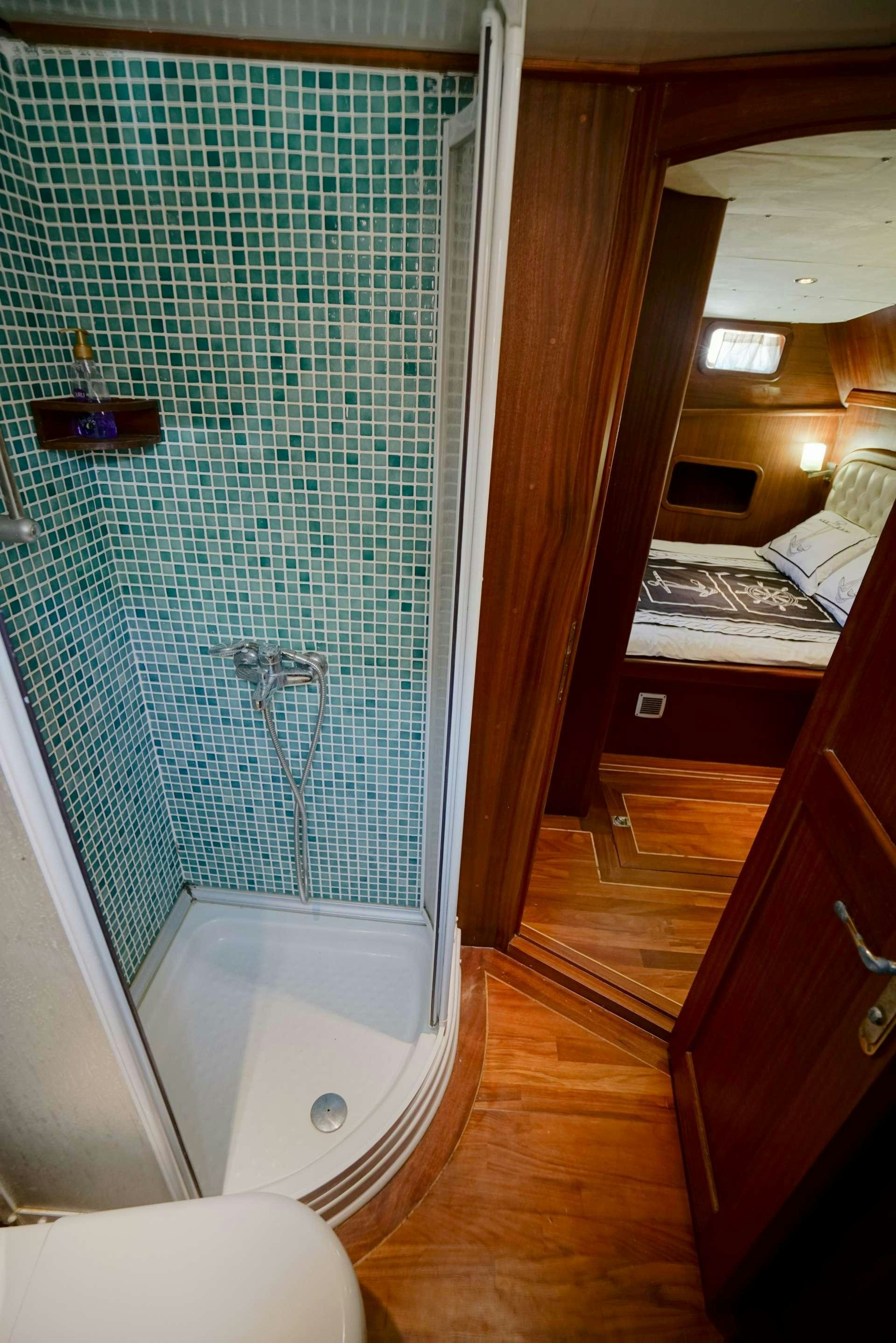a bathroom with a shower aboard GOLDEN PRINCESS Yacht for Charter