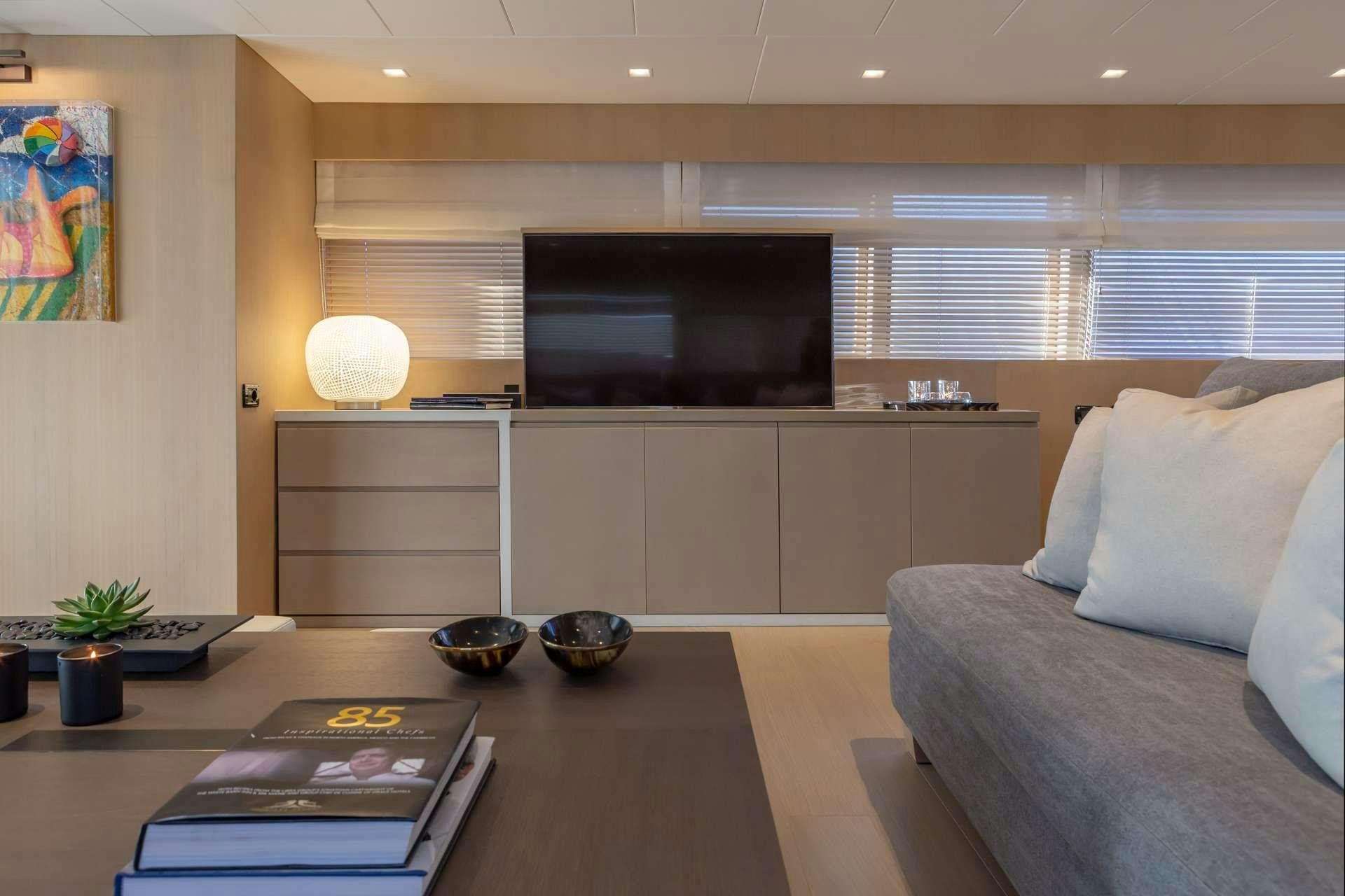a living room with a large tv aboard SUMMER FUN Yacht for Charter