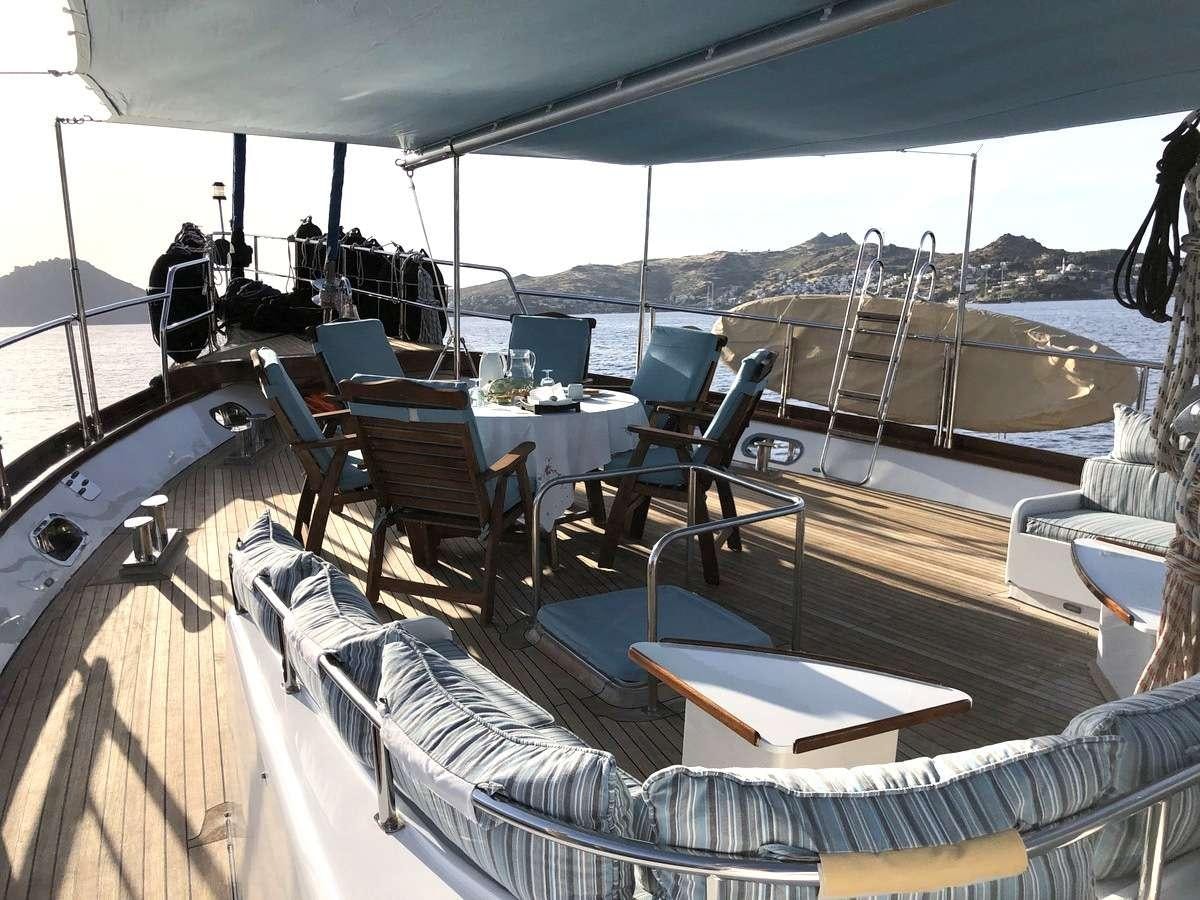 a deck with a table and chairs aboard RIGEL Yacht for Charter