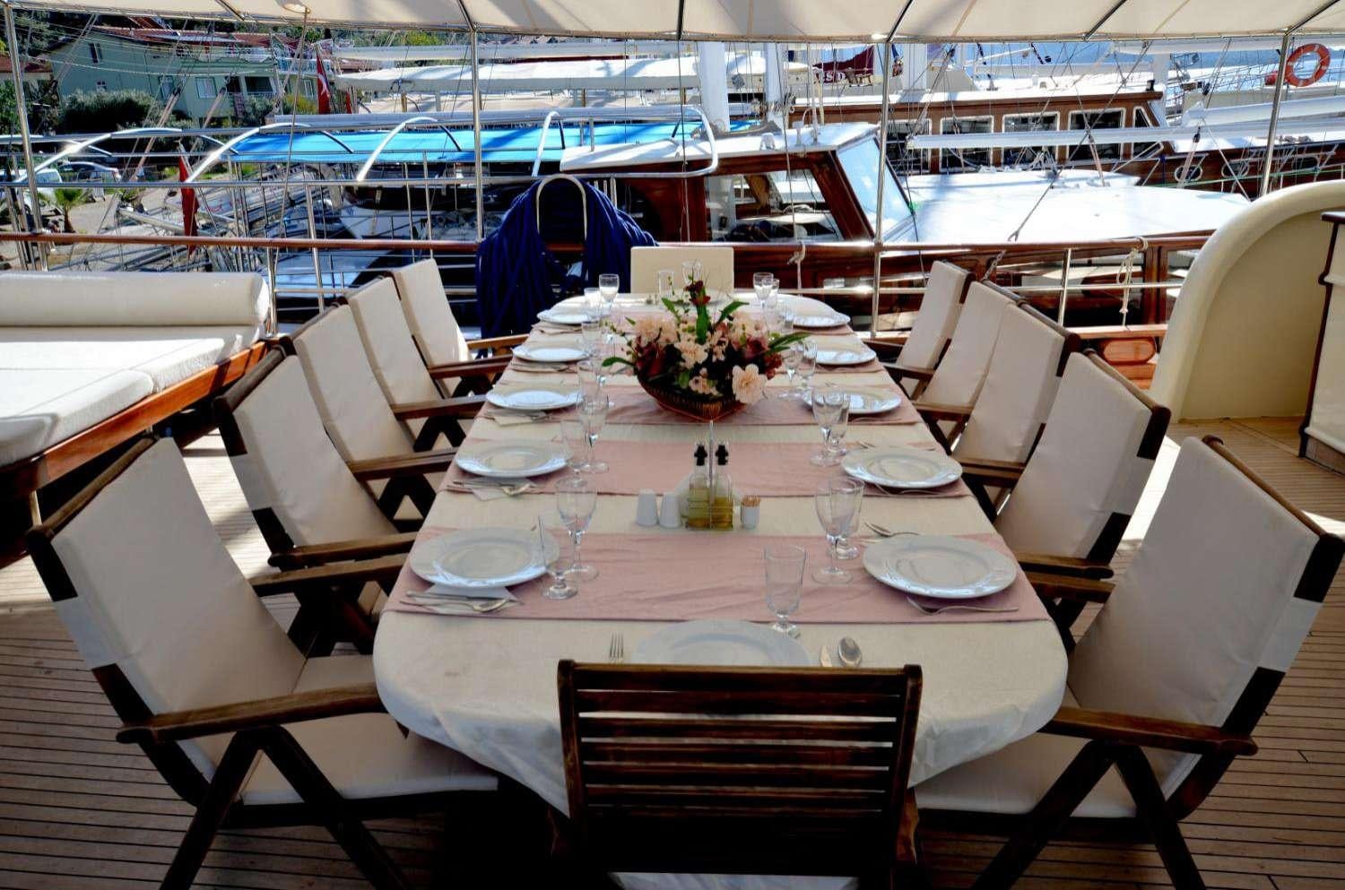 a table set for a dinner party aboard Cagan Yacht for Charter