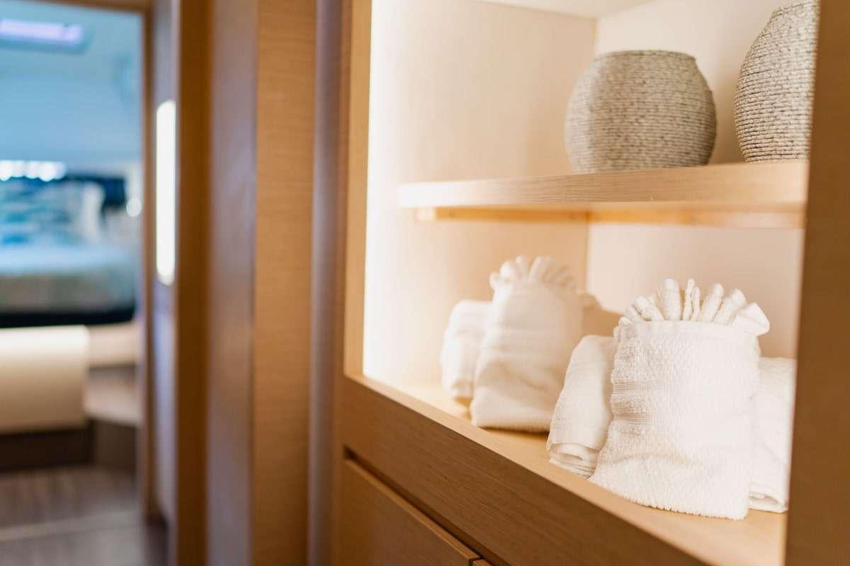 a counter with towels on it aboard EDDIES IN TIME Yacht for Charter
