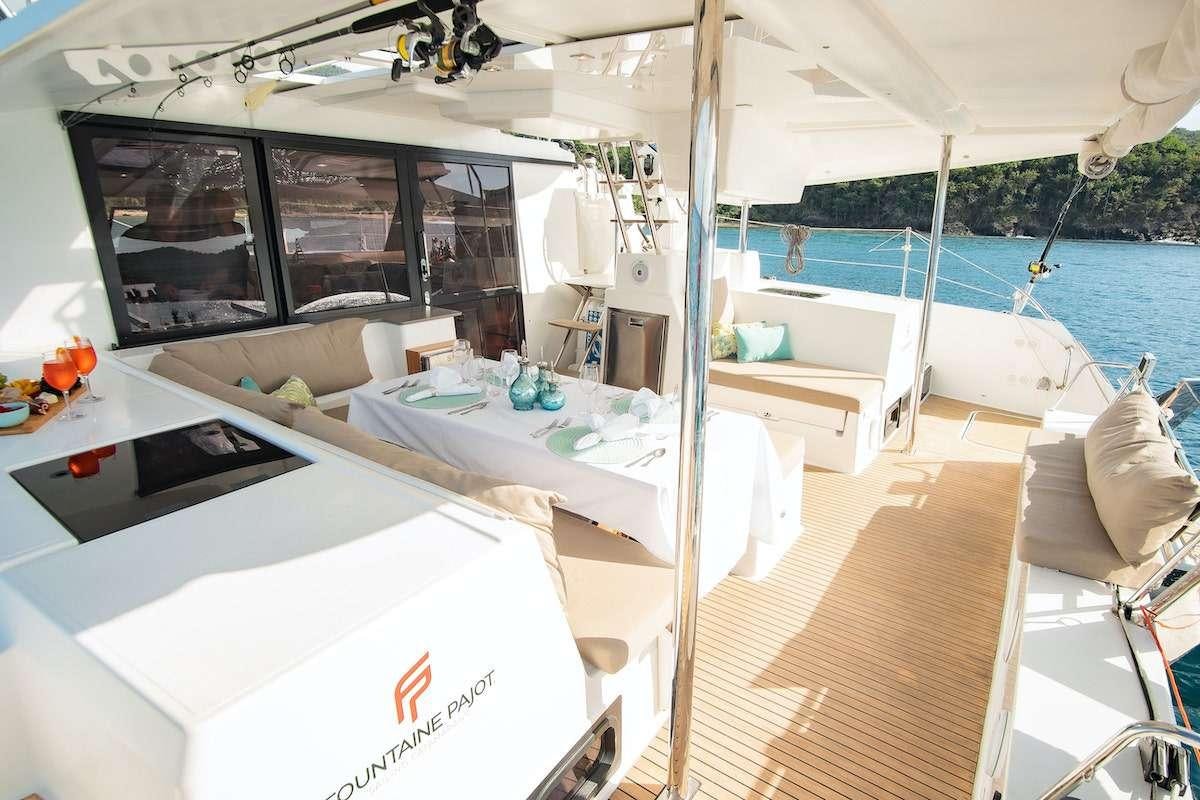 a boat with a large bed aboard EDDIES IN TIME Yacht for Charter