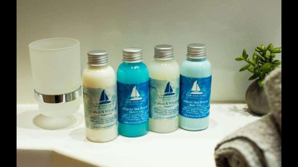 a group of bottles on a table aboard NEW HORIZONS Yacht for Charter