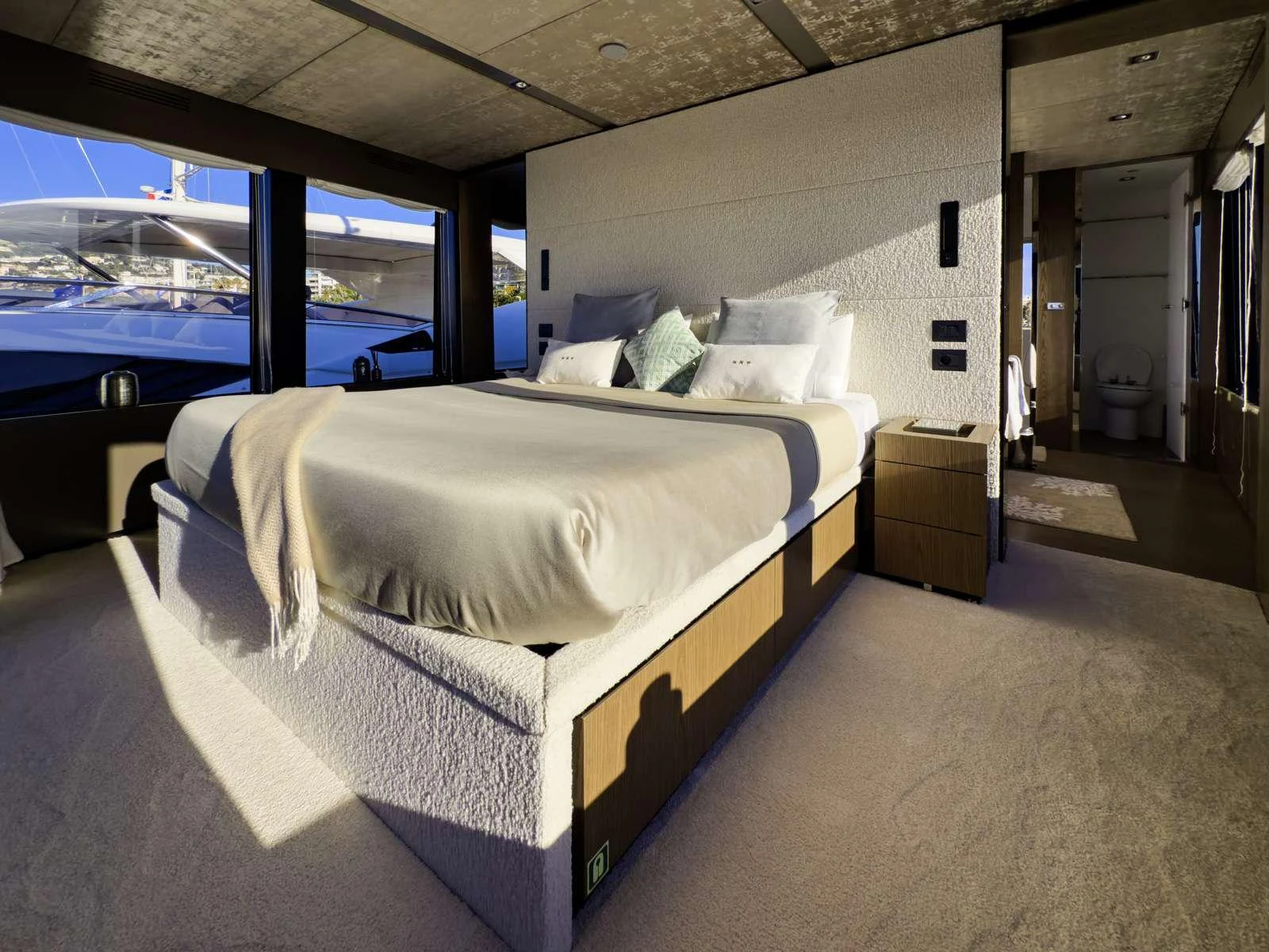 a bed in a room aboard KOKONUT'S WALLY Yacht for Charter