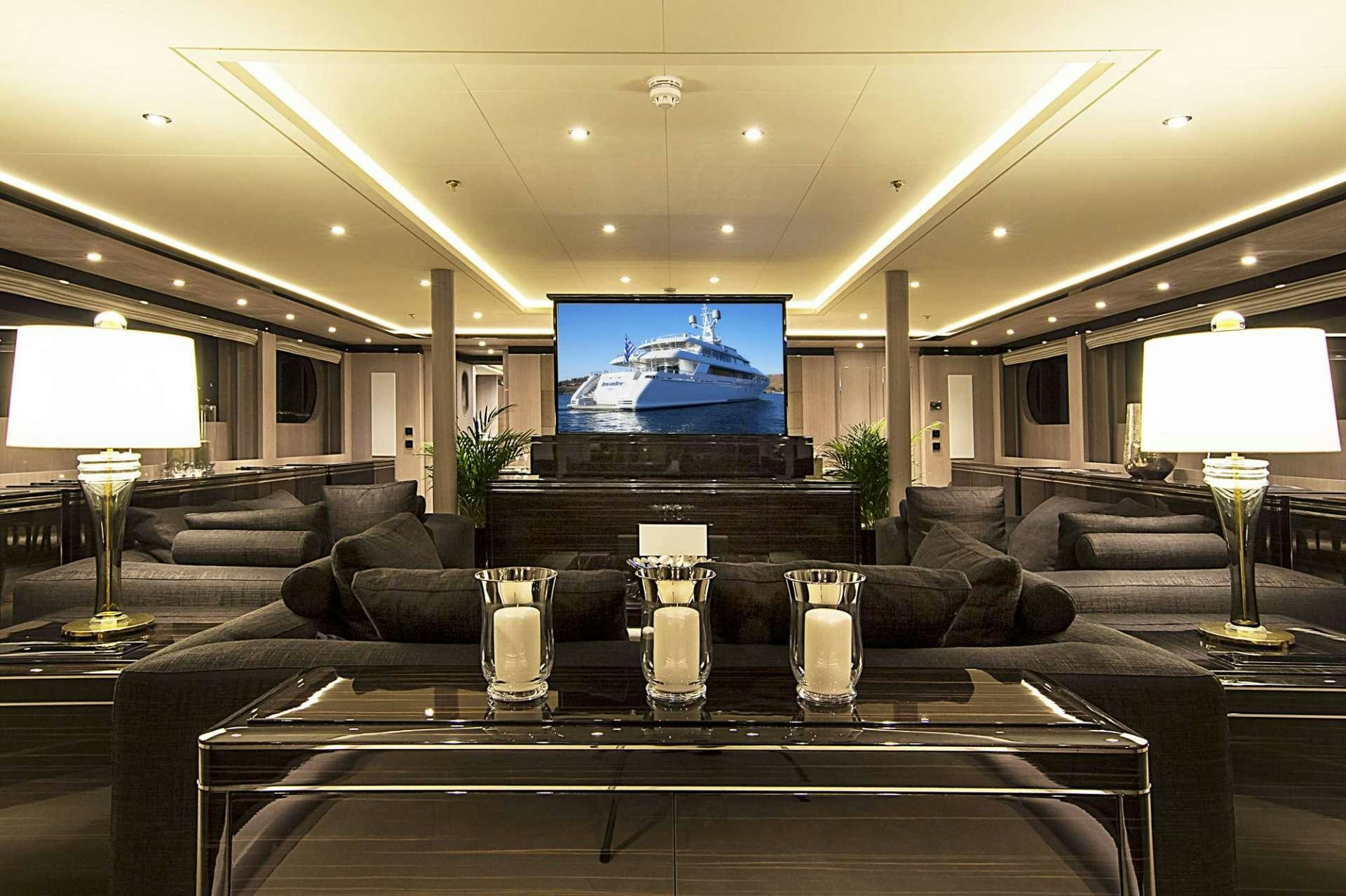 a living room with a large screen aboard INVADER Yacht for Charter