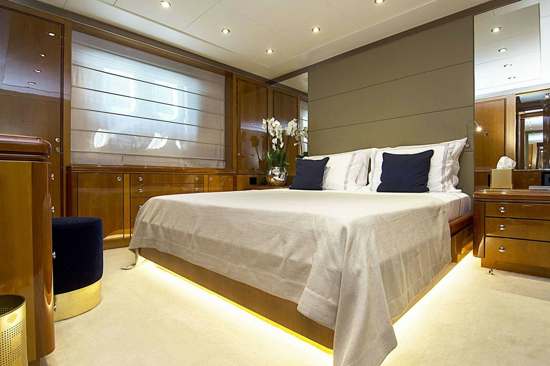 a large bed in a room aboard INVADER Yacht for Charter