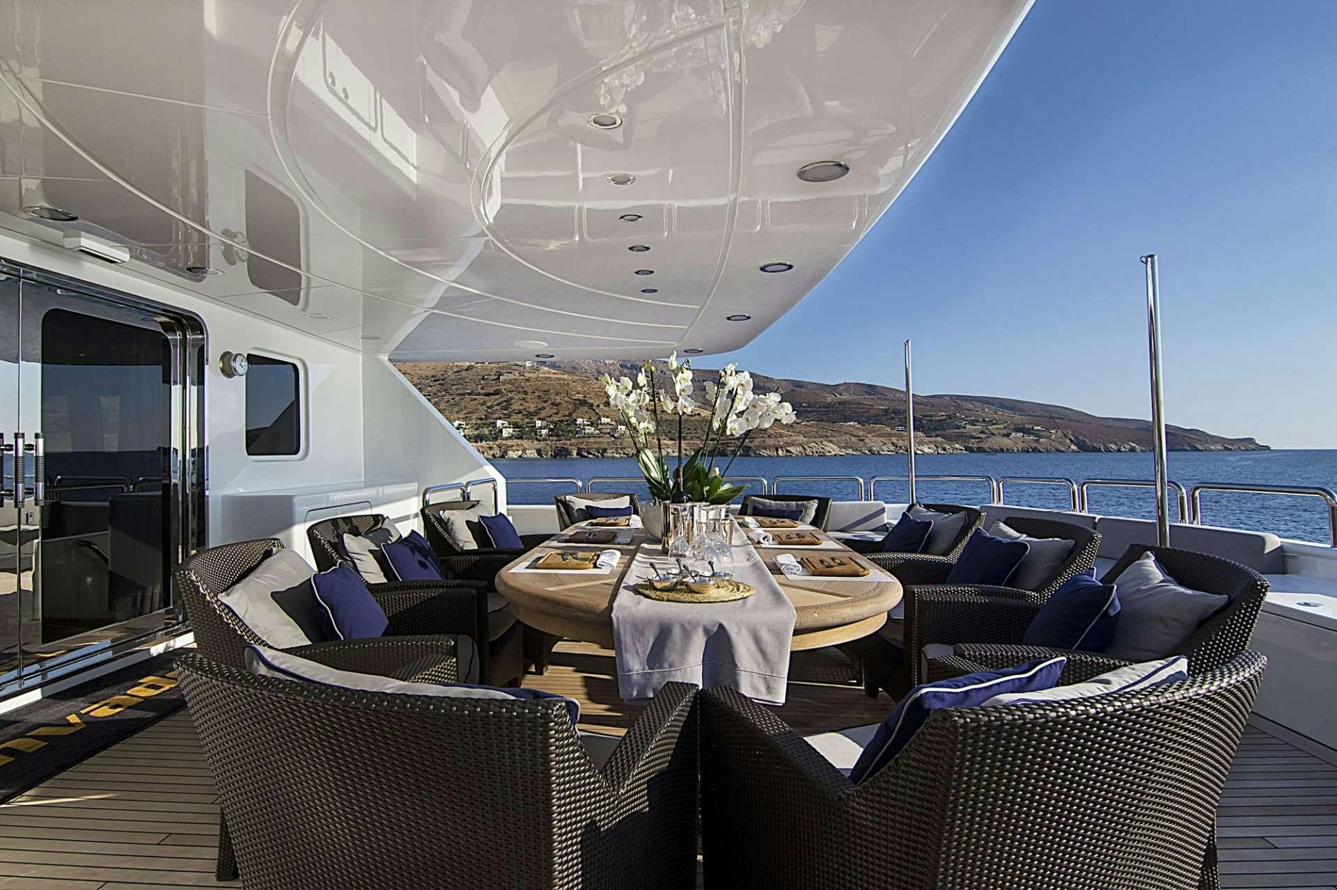 a table set for a meal on a boat aboard INVADER Yacht for Charter