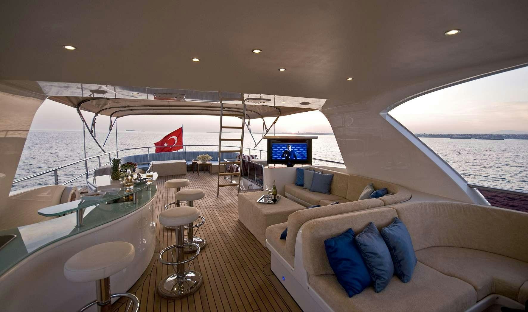 a living room with a large window aboard AZMIM Yacht for Charter