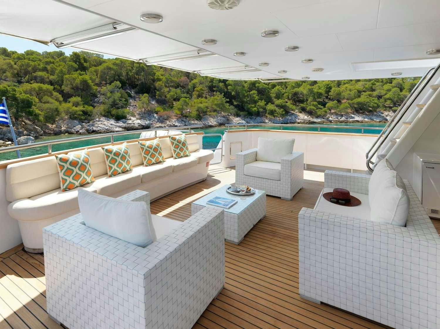 a room with a pool and a deck with chairs and a deck aboard IDYLLE Yacht for Charter
