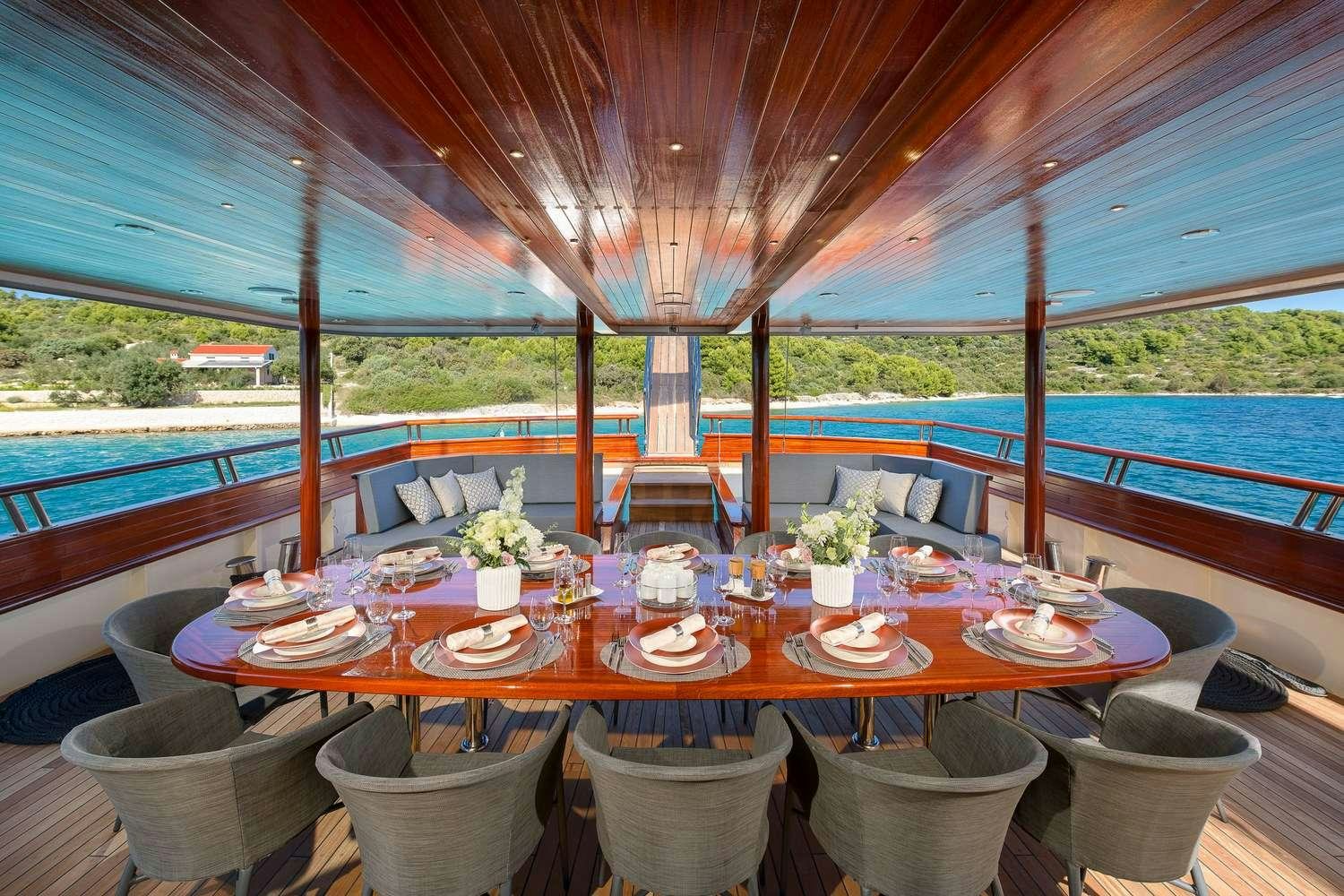 a table set for a meal on a boat aboard SON DE MAR Yacht for Charter