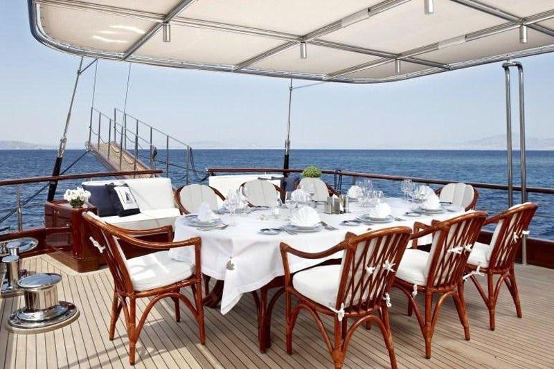 a table set for a meal on a deck overlooking the ocean aboard IRAKLIS L Yacht for Charter