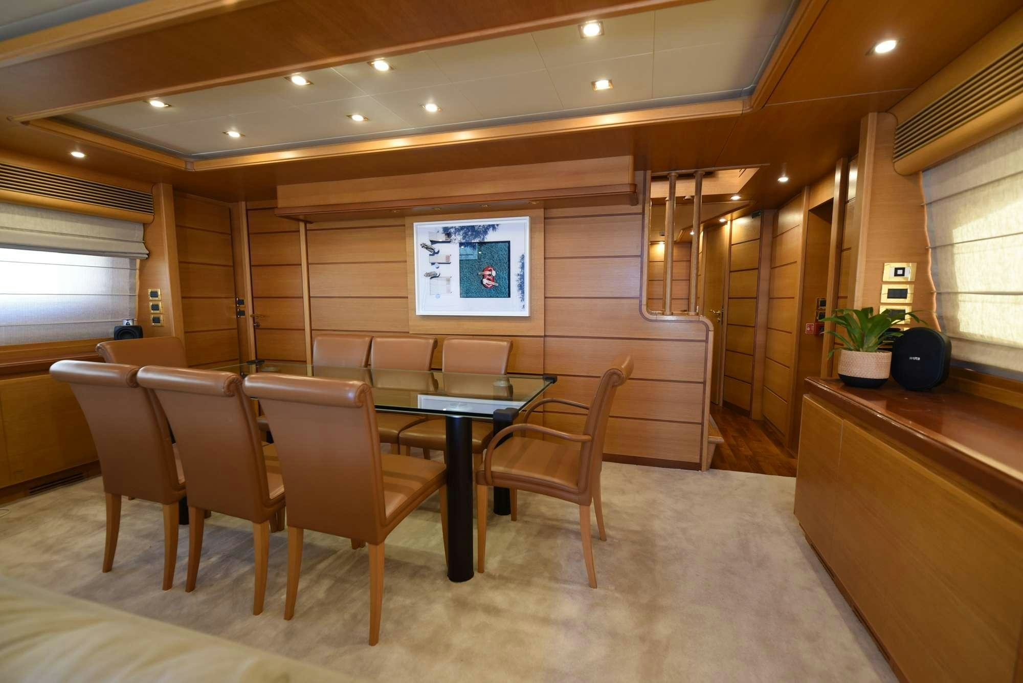 a room with tables and chairs aboard PAREAKKI Yacht for Charter