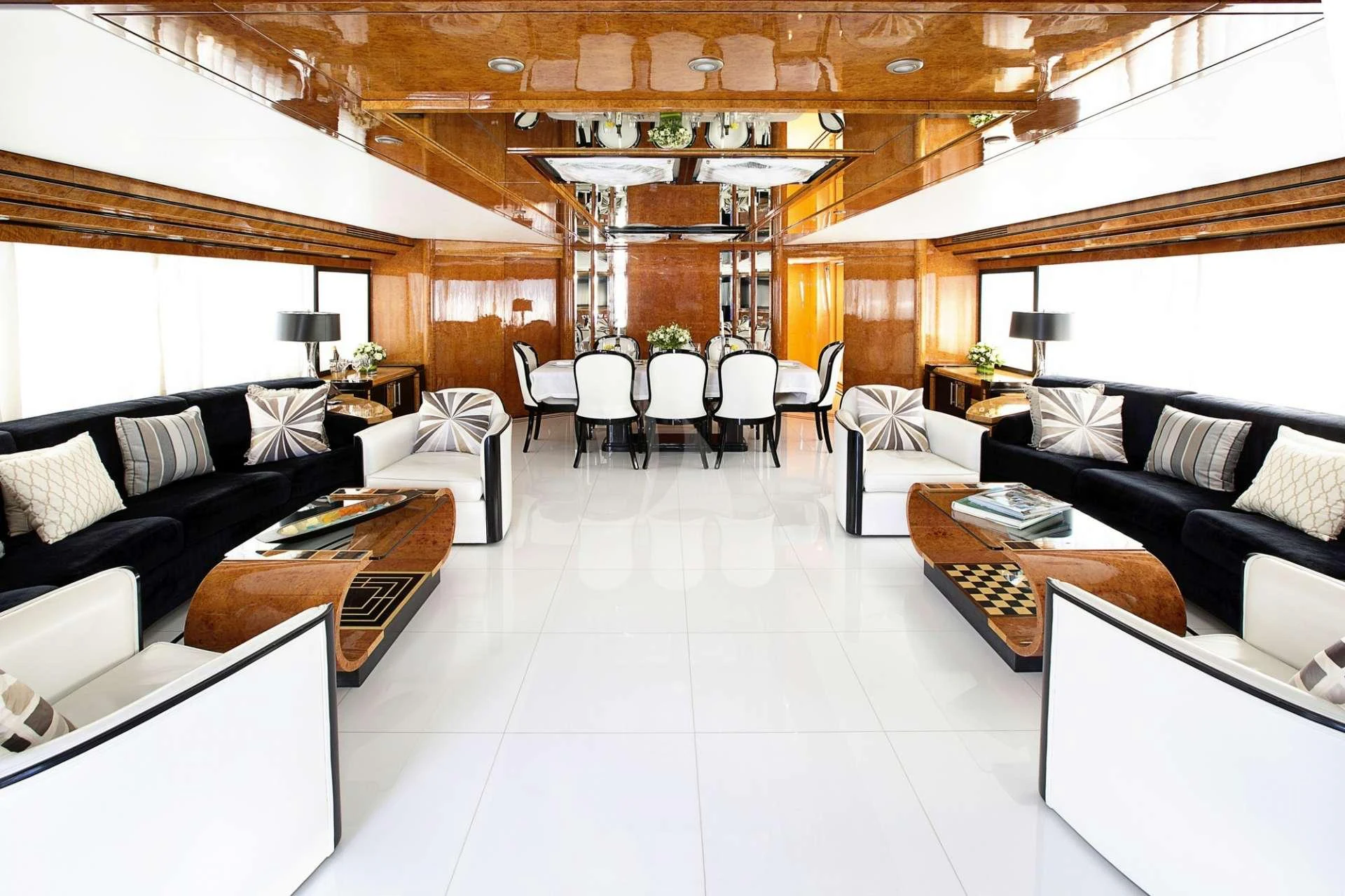 a living room with a large window aboard MILOS AT SEA Yacht for Charter