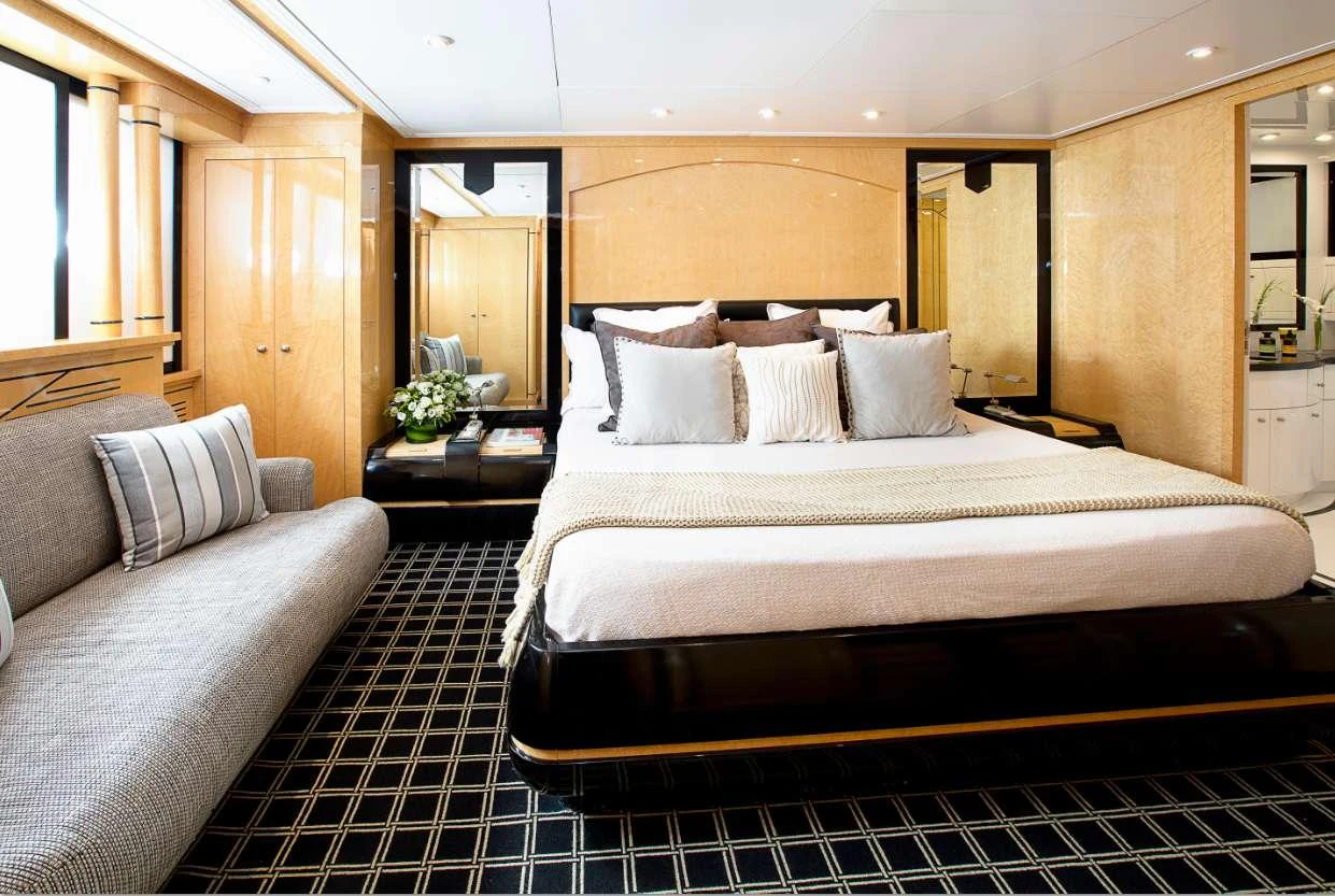 a bed in a room aboard MILOS AT SEA Yacht for Charter