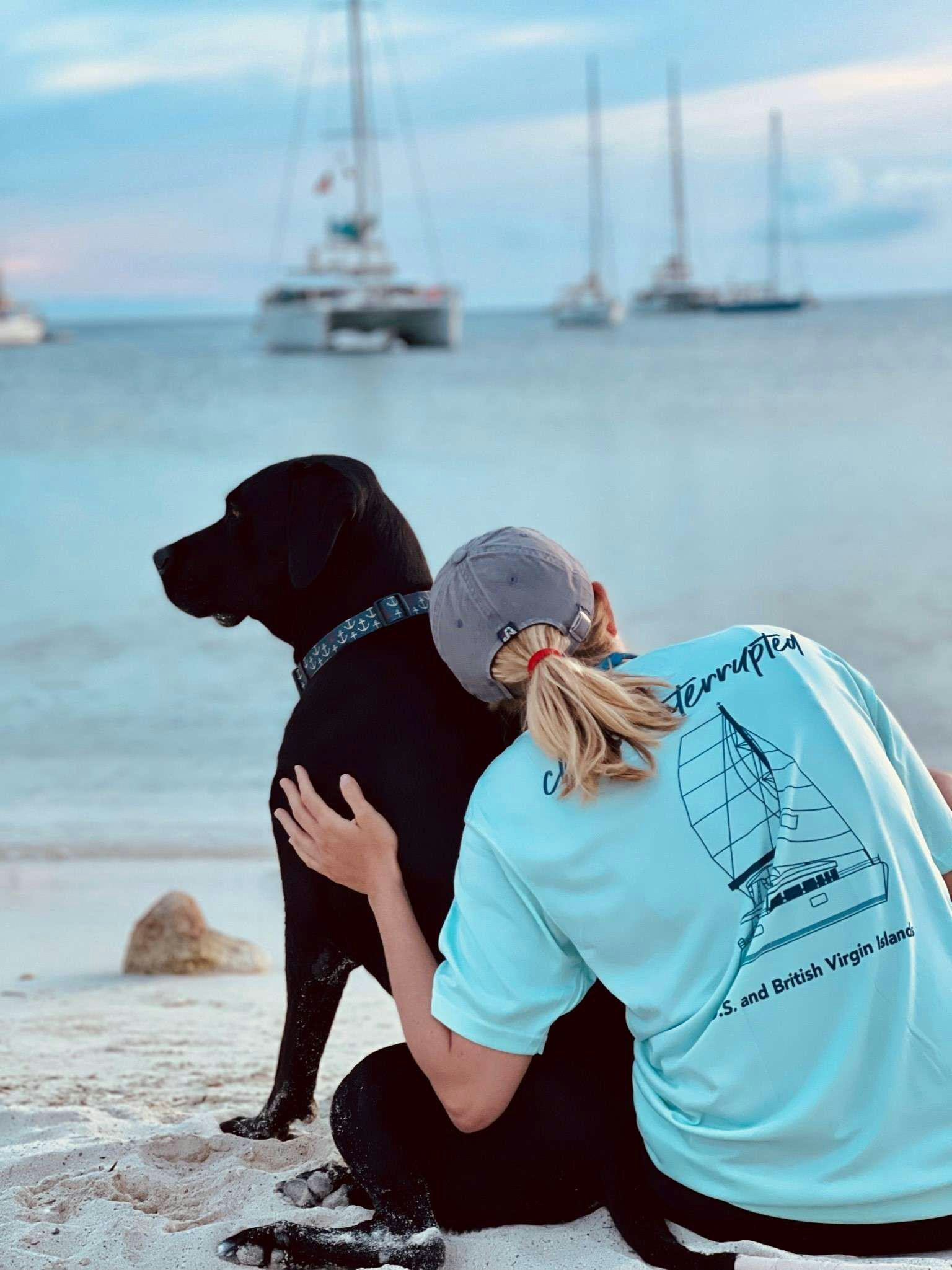 a person and a dog on a beach aboard CHAOS INTERRUPTED Yacht for Charter