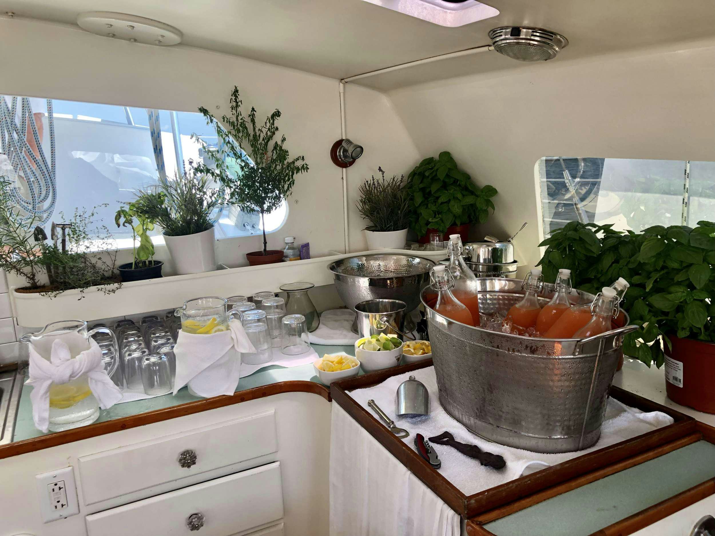 a kitchen with a pot of vegetables aboard HERON Yacht for Charter