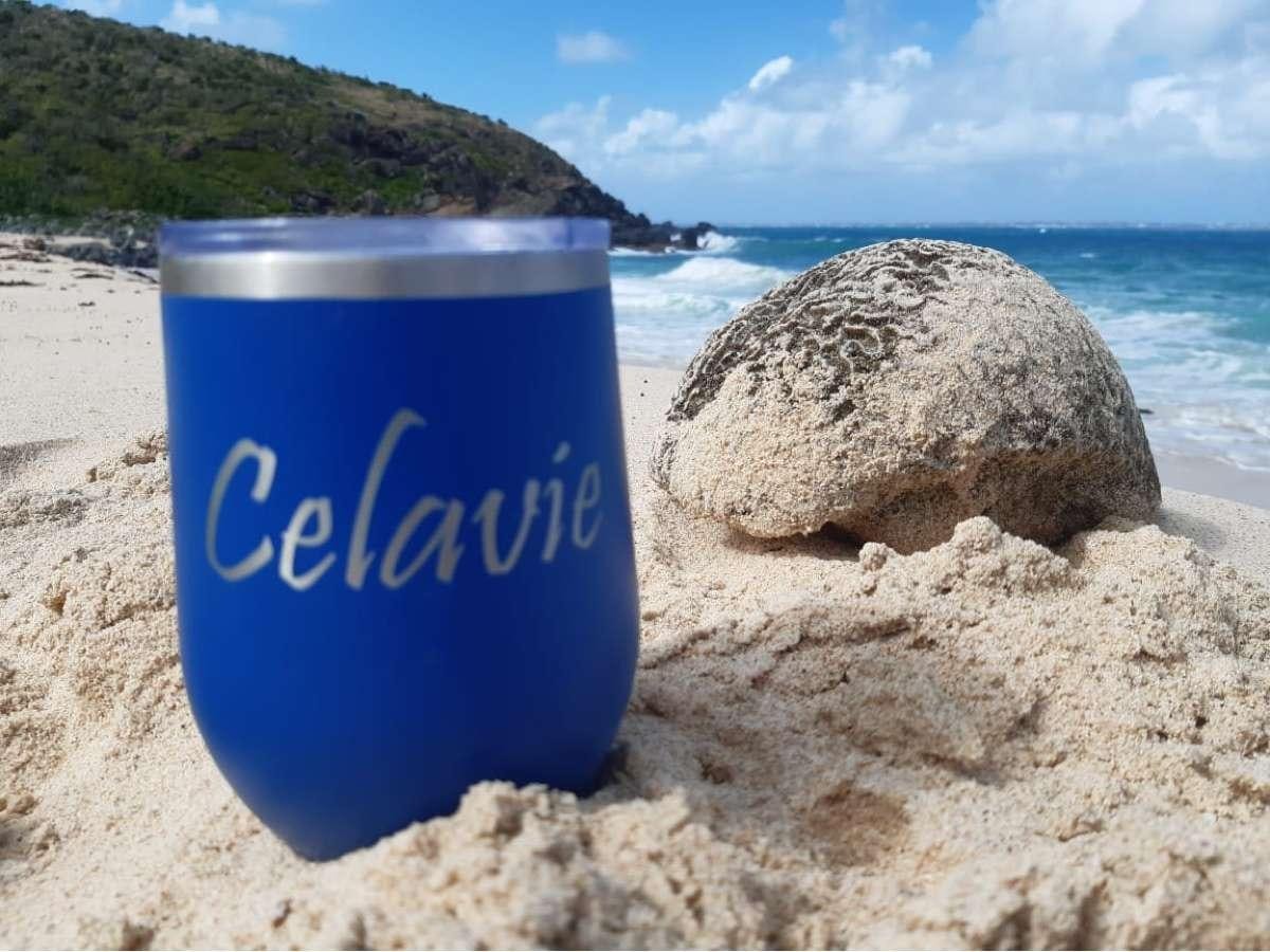 a blue can on a beach aboard CELAVIE Yacht for Charter