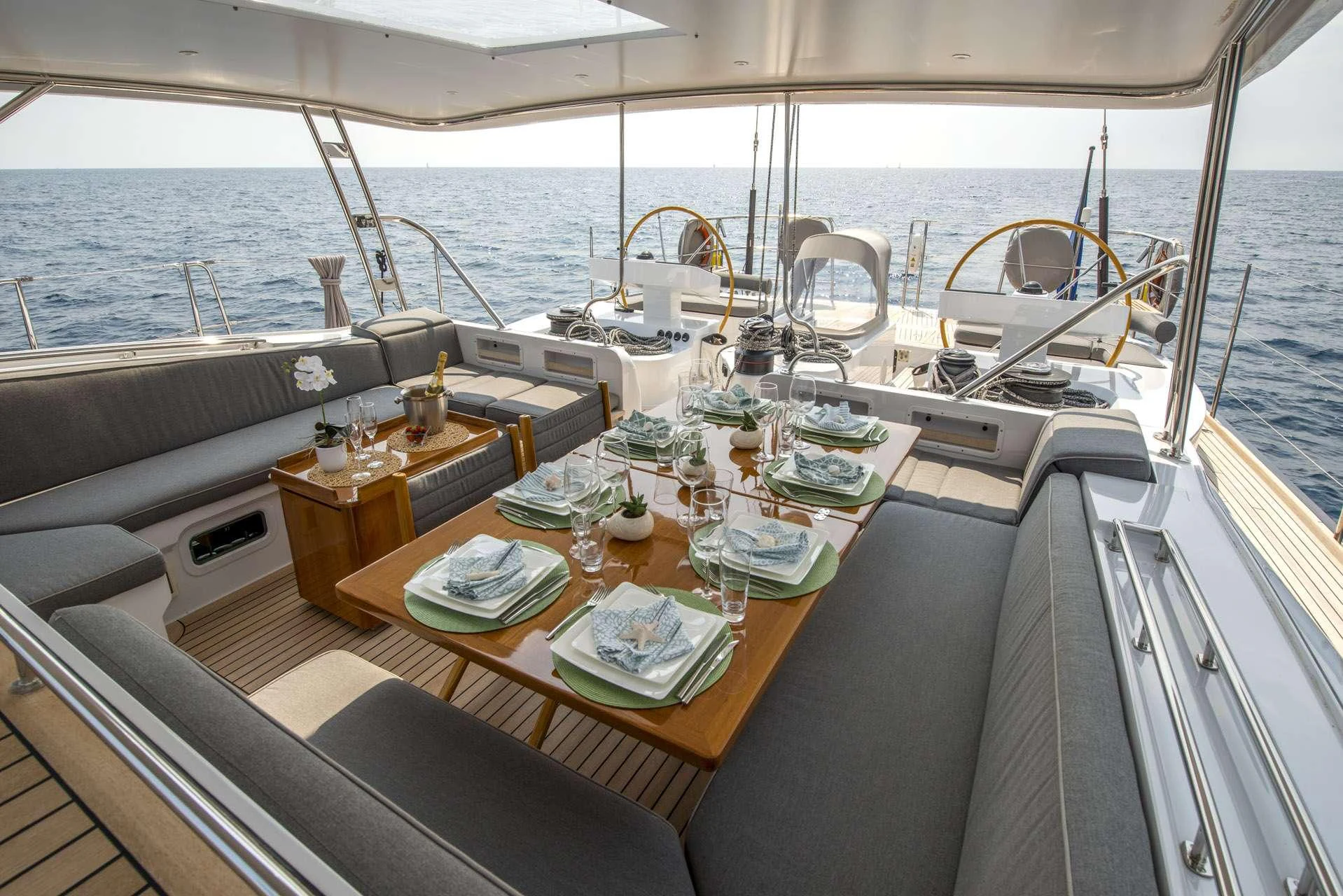a dining table on a boat aboard LADY 8 Yacht for Charter