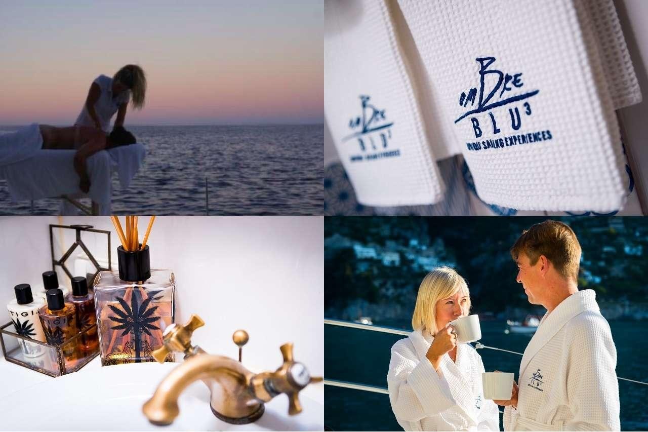 a collage of a woman sitting at a table with a man sitting at a table with a aboard OMBRE BLU³ Yacht for Charter