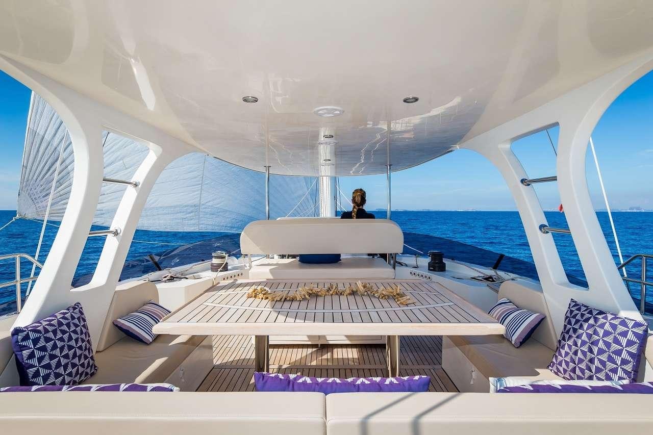 a boat with a table and chairs aboard OMBRE BLU³ Yacht for Charter