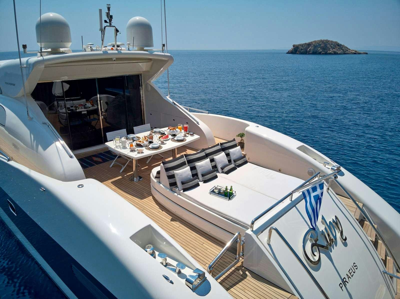a boat with a table and chairs on it aboard RUBY Yacht for Charter