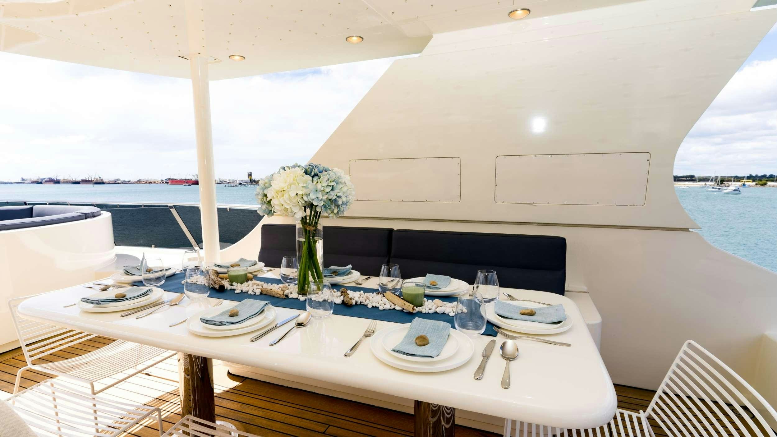 a table set for a dinner aboard IRAMA Yacht for Charter