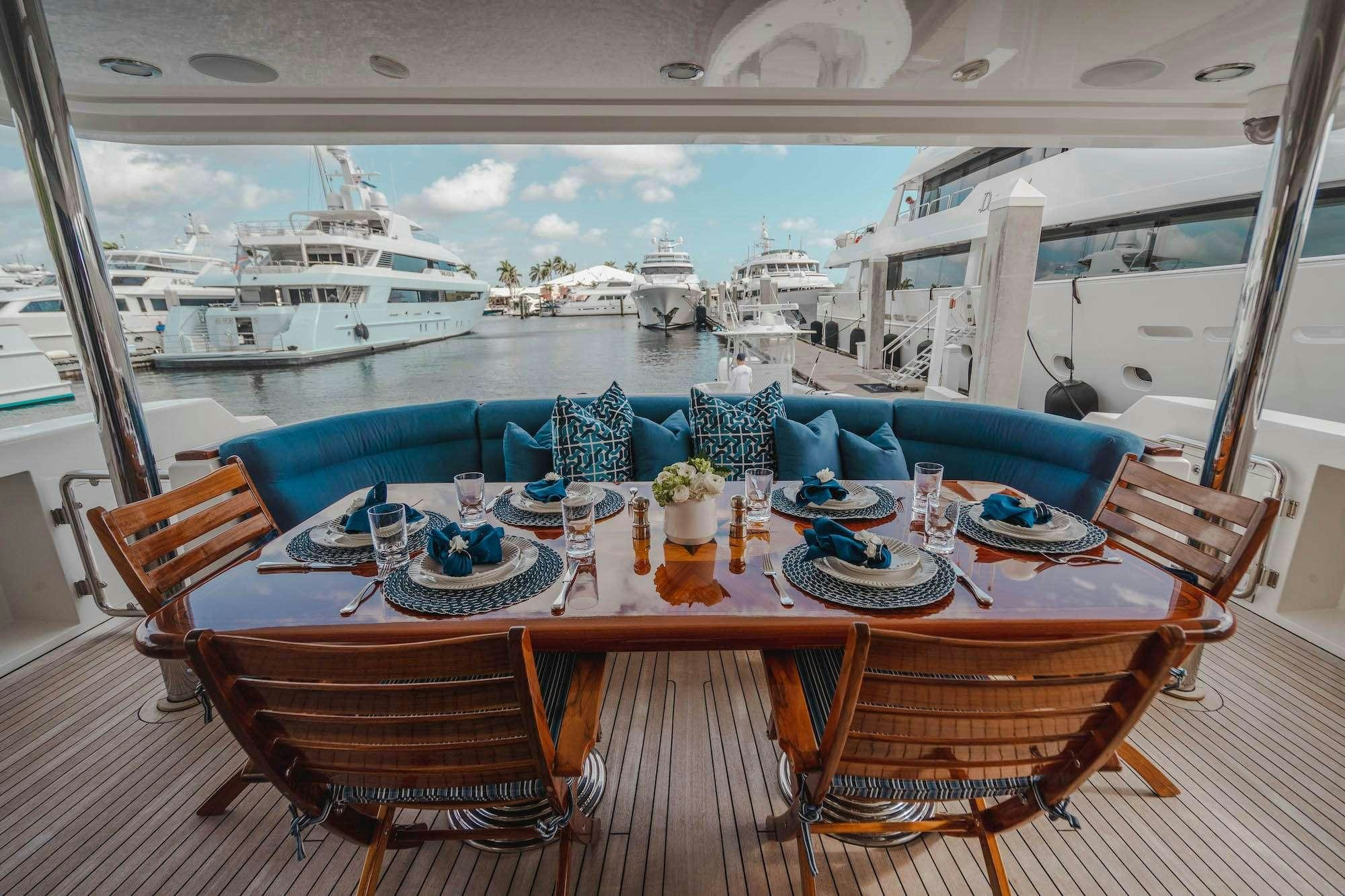a table with plates and food on it aboard NOW OR NEVER Yacht for Charter