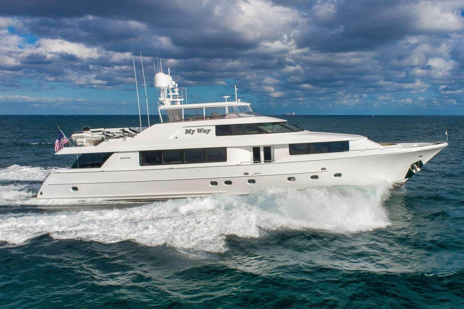a white yacht in the water aboard MY WAY Yacht for Charter
