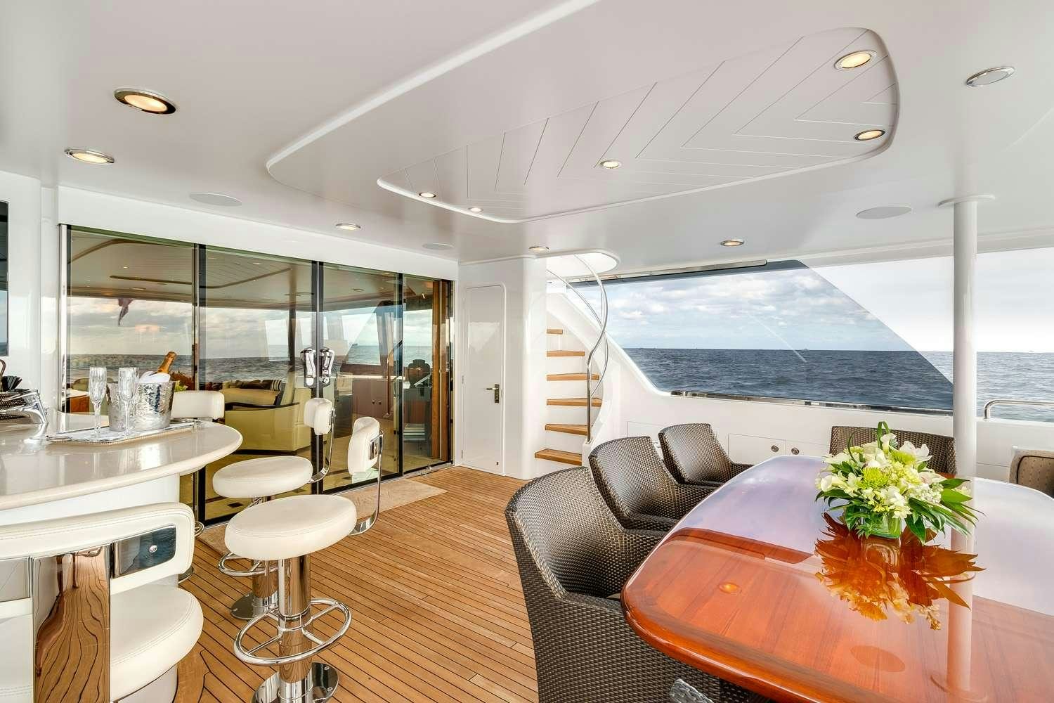 a room with a table chairs and a large window aboard MY WAY Yacht for Charter