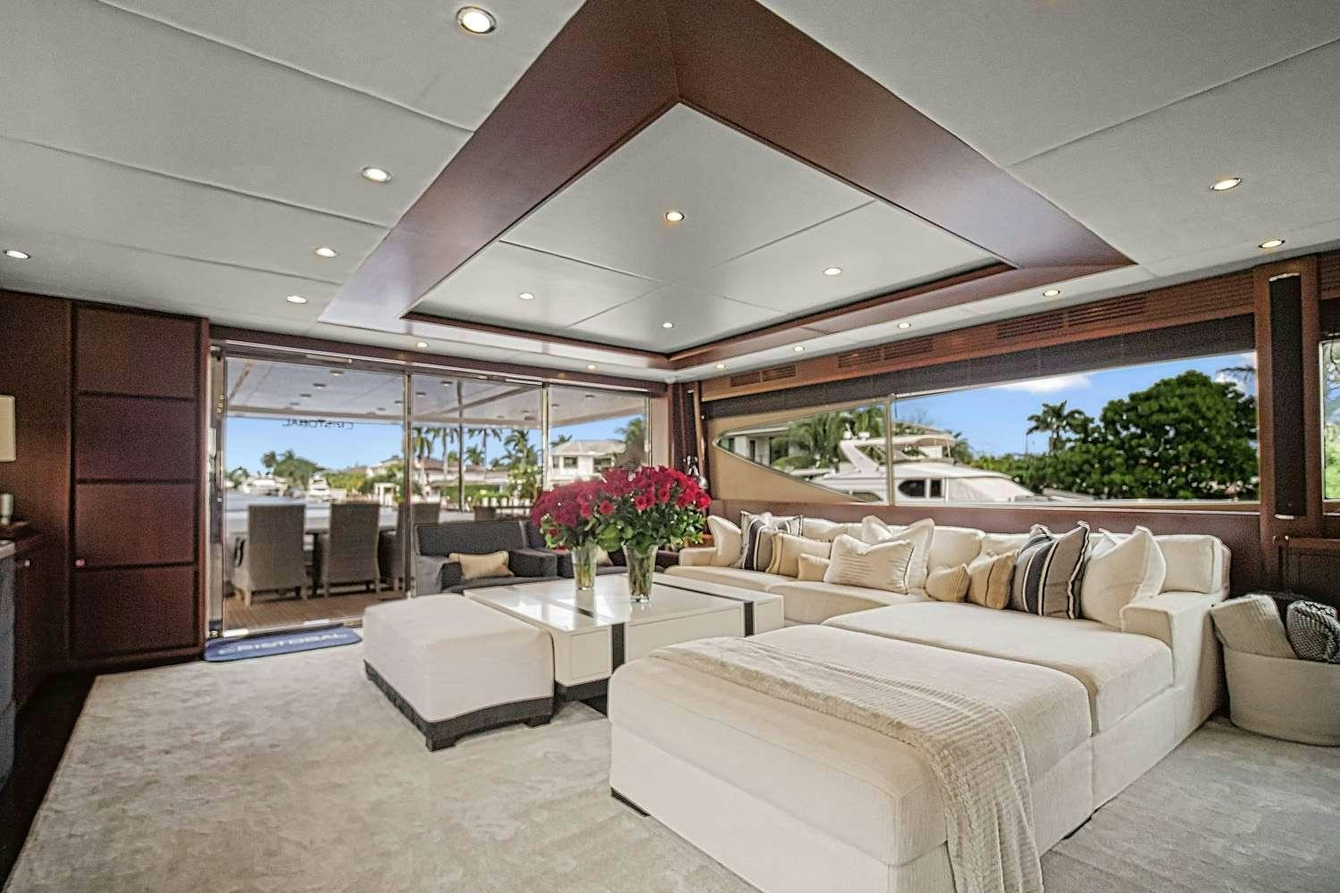 a living room with a large window aboard 21 SEA SANDS Yacht for Charter