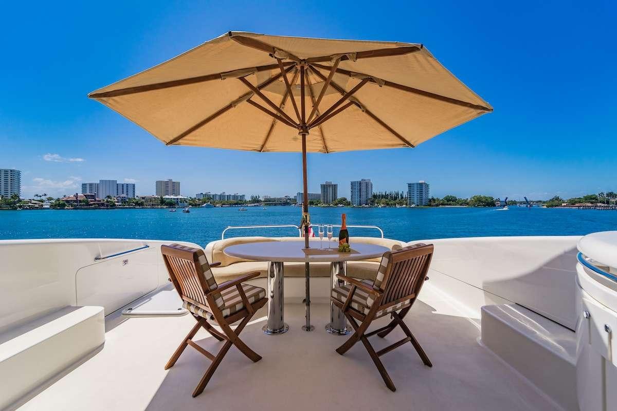 a table and chairs under an umbrella aboard COPAY Yacht for Charter