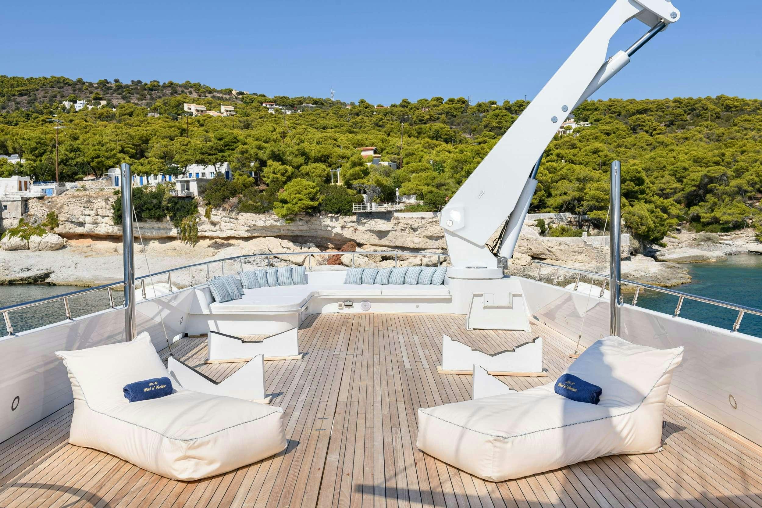 a deck with chairs and a slide on it aboard WIND OF FORTUNE Yacht for Charter
