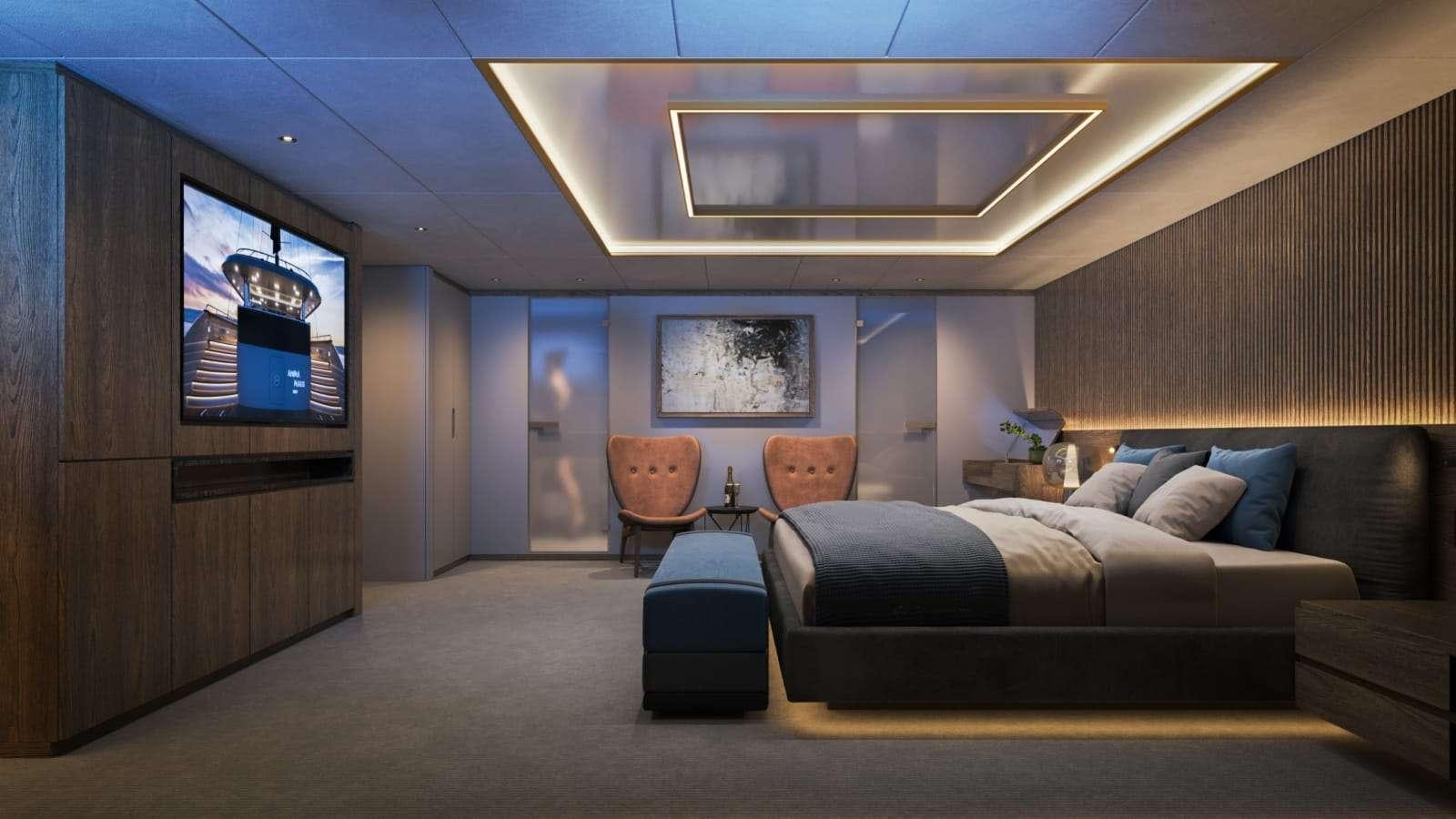 a living room with a couch and a tv aboard ANIMA MARIS Yacht for Charter