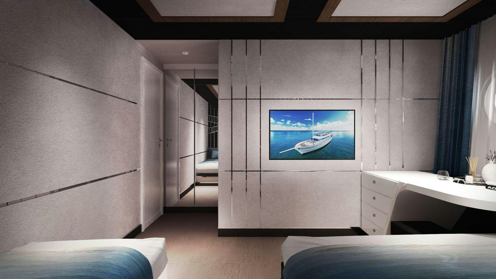 a room with a tv and a bathtub aboard ACAPELLA Yacht for Charter